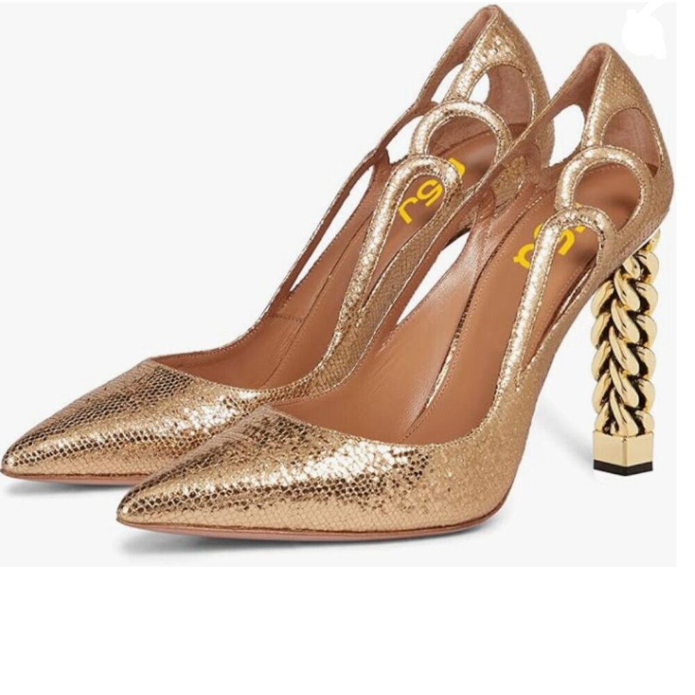 FSJ Gold Sequins Gold Metal Chain Chunky High Heel Pointed Toe Slip On Shoes
